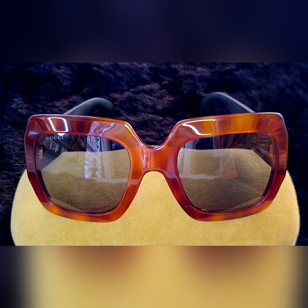Gucci GG 0102S Blonde Havana Silver Glitter Arms Oversized Women's Sunglasses